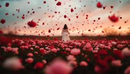 Canvas Print - A serene woman in a white dress stands amidst a vibrant field of roses, surrounded by floating petals, evoking tranquility and beauty against a colorful sunset