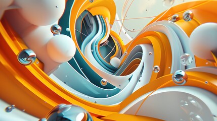 Poster - An abstract 3D rendering of geometric shapes and spheres.
