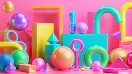 Poster - colorful 3d geometric shapes on a pink background.