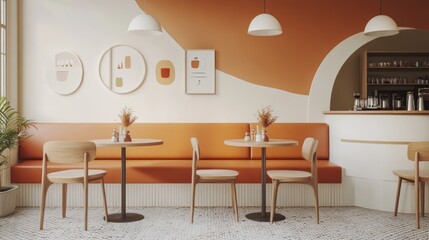 Wall Mural - Modern cafe interior design, orange seating, arched bar