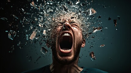 Aufkleber - Man experiencing a mental breakdown, screaming with shattered glass exploding from his head, symbolizing stress, burnout, and information overload