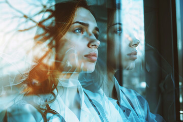 Poster - a double exposure image of a hospital worker in laboratory generative ai