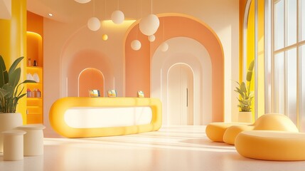 Wall Mural - Modern yellow spa reception area with sunlit waiting room