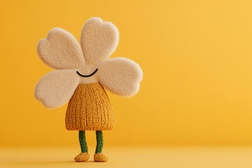 Wall Mural - Playful flower character in knitted design, smiling on a bright yellow background, symbolizing happiness, creativity, and warmth in a vibrant spring setting