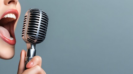 Poster - Cropped view of singer performing with vintage microphone, showing open mouth, white teeth, and lips, conveying concepts of music, singing, and vocal performance