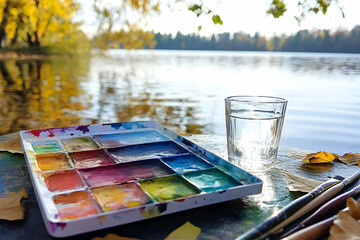 autumnal art, a plein air painting setup with watercolors by a tranquil lake on a sunny day provides