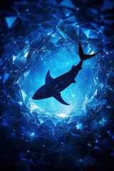 Wall Mural - Abstract shark silhouette emerging from glowing geometric wave shapes