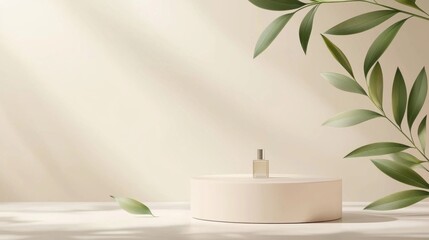 Aufkleber - A captivating 3D rendering showcases a minimalist podium with a cosmetic product elegantly placed atop. Soft natural light enhances a calming beige backdrop enriched by leaf details