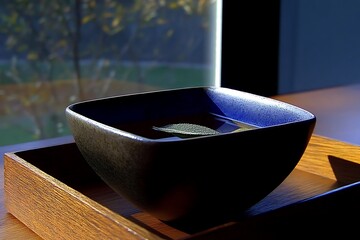 Wall Mural - Sage Leaf in a Dark Bowl on Wooden Tray