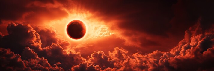 Poster - Dramatic red and orange clouds enveloping a total solar eclipse create an eerie, apocalyptic landscape, evoking feelings of awe and wonder in the cosmic atmosphere