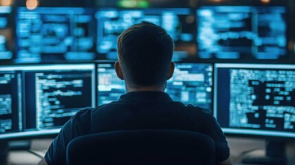 Cybersecurity Specialist at Work: A focused programmer sits before a wall of computer monitors displaying lines of complex code.