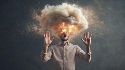 Aufkleber - Office worker experiencing burnout with exploding mind from information overload, stress and migraine, raising hands in shock and surprise with dust cloud