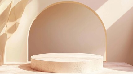 Poster - Stylish display setting featuring a smooth, round platform nestled in a soft beige studio. Ideal for showcasing cosmetics and beauty items with an inviting ambiance