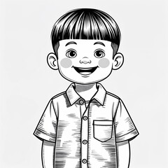 Wall Mural - A preschool boy cheerful with a bowl cut wearing a summer button up shirt in a simple hand drawing flat line design