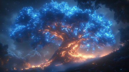 Wall Mural - Glowing Night Tree, Fantasy Forest, Magical Lights, Game Background