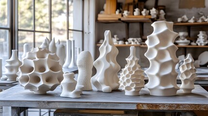 Fototapete - Tactile geometry textured soft shapes in a cozy setting with white vases on a table enhancing the serene atmosphere