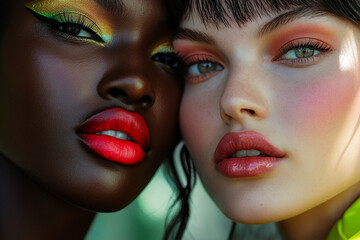 Close-up shot of two women with bold makeup, one with dark skin and red lips, and the other with fair skin and soft pink lips, showcasing beauty, diversity, and vibrant style.