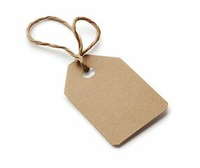 Wall Mural - Simple kraft paper tag with twine, isolated on a clean white background, providing ample space for custom messaging and creative designs