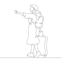 Poster - continuous one line drawing young woman hitchhiking on the road. hitchhiking. girl with luggage.one 