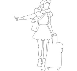 Poster - continuous one line drawing young woman hitchhiking on the road. hitchhiking. girl with luggage.one 