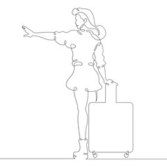 Poster - continuous one line drawing young woman hitchhiking on the road. hitchhiking. girl with luggage.one 