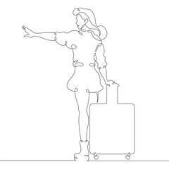 Poster - continuous one line drawing young woman hitchhiking on the road. hitchhiking. girl with luggage.one 