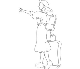 Poster - continuous one line drawing young woman hitchhiking on the road. hitchhiking. girl with luggage.one 