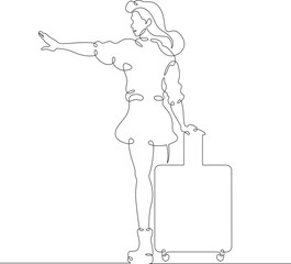 Poster - continuous one line drawing young woman hitchhiking on the road. hitchhiking. girl with luggage.one 