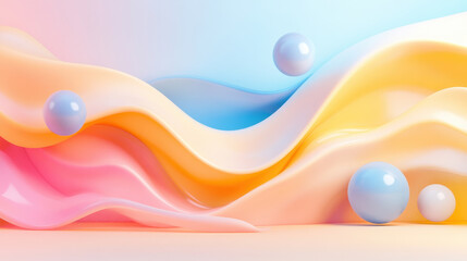 Poster - Colorful abstract waves with glossy spheres create vibrant background
