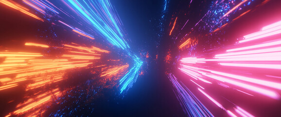 Poster - Abstract image of bright neon lights in blue and orange colors flowing in opposite directions, symbolizing speed, technology, and motion with glowing streaks on a dark background.