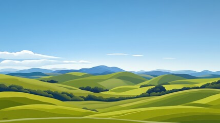 Aufkleber - Minimalist landscape showing green rolling hills stretching endlessly under a clear blue sky dotted with fluffy white clouds, creating a serene and idyllic countryside scene