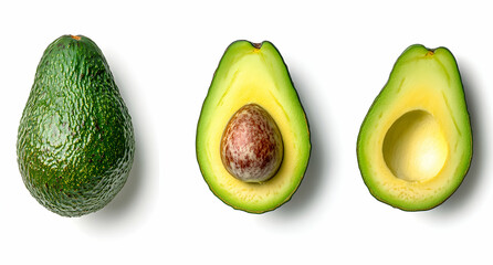 Wall Mural - Arrangement of whole and halved avocados, showcasing flesh, pit, and skin textures in a minimalist still life against a stark white backdrop