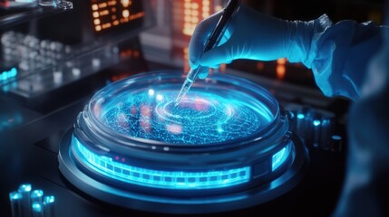 Poster - Gloved hand using advanced digital interface for scientific analysis, highlighting intricate data patterns. The scene emphasizes innovation in technology and research