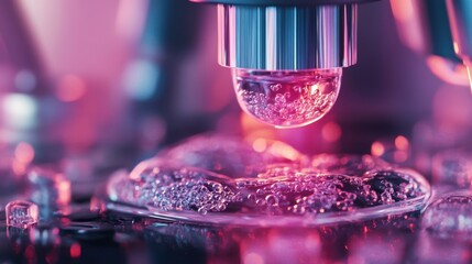 Poster - detailed view of a microscope lens focusing on a chemical reaction with bubbles, showcasing scientif