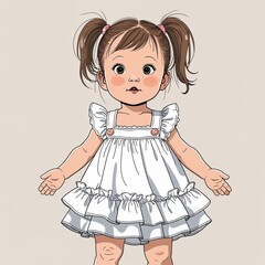 Wall Mural - A baby girl curious with a tiny ponytail wearing a summer ruffled dress in a anime hand drawing flat line design