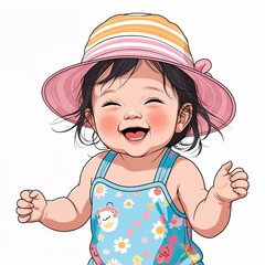 A baby girl giggling with tiny wisps of hair wearing a summer onesie with a sun hat in a anime hand drawing flat line design