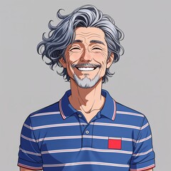 Wall Mural - A middle aged man cheerful with wavy gray streaked hair wearing a summer polo shirt in a anime hand drawing flat line design