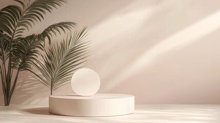 Aufkleber - A minimalistic beige studio features a geometric podium with a round platform, surrounded by lush palm leaves