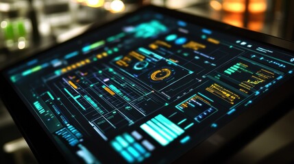 Poster - high tech digital interface displaying complex data visualizations and analytics. vibrant graphics a