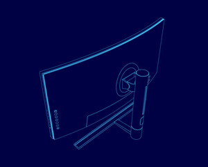 Poster - A computer monitor is shown in a blue background. The monitor is a large, curved screen. The image is a stylized drawing of the monitor, with the focus on the curved screen