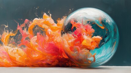 Poster - Colorful ink swirling around glass sphere, abstract art