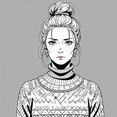 Wall Mural - A middle aged woman determined with her hair in a bun wearing a winter sweater dress in a anime hand drawing flat line design