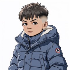 Wall Mural - A preschool boy mischievous with a high fade cut wearing a winter hooded puffer in a anime hand drawing flat line design