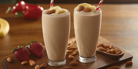 Two smoothies topped with almonds and served with fresh strawberries on a wooden board