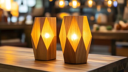 Fototapete - Polygon-based design creates a unique lamp spotlight illuminating a modern home decor with wooden vases on a table