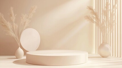 Aufkleber - Delicate geometric platforms create an inviting display for beauty items in this softly lit, minimalist beige studio. Elegant decor enhances the ambiance for product showcasing