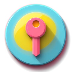Poster - 3D Pink Key Icon on a Blue and Yellow Circle Background with a Long Shadow