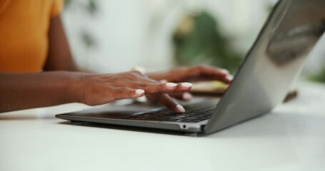 Poster - Typing, hands and woman in office laptop and internet with writer, research for article or copywriting. Person, closeup or publishing with pc, keyboard or online for email, connection or deadline