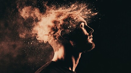 Aufkleber - Profile of a man with closed eyes, experiencing an explosion of orange dust from his head, symbolizing information overload, stress, and burnout