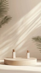 Poster - A beautifully arranged podium serves as the focal point for presenting cosmetic products